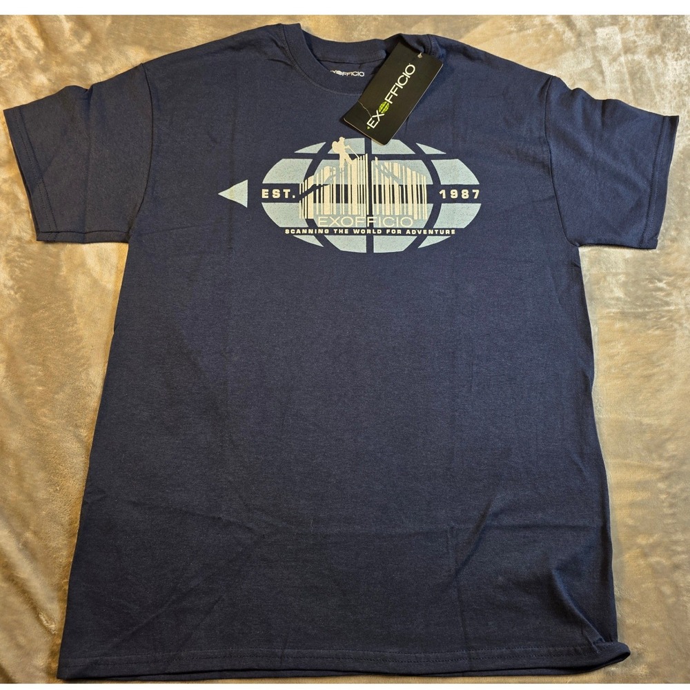 ExOfficio Graphic T-Shirt Mens Medium Blue‎ Scanning World Adventure NWT